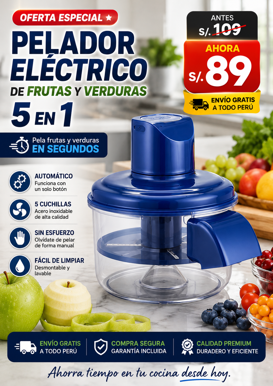 PELADOR ELÉCTRICO DE FRUTAS Y VERDURAS 5 EN 1