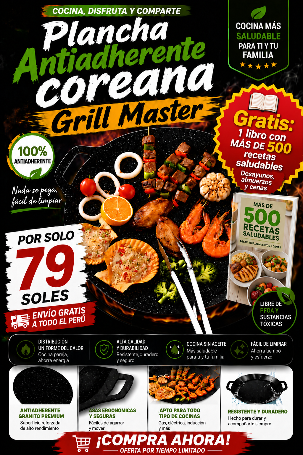 Plancha Antiadherente Coreana GrillMaster 36 cm + 🎁 GRATIS: Recetario con 500 RECETAS SALUDABLES 🎁