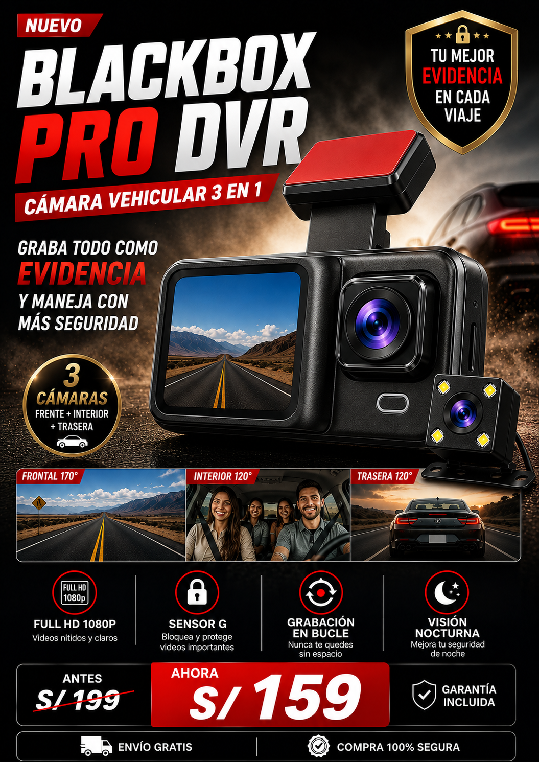 BlackBox Pro DVR – Cámara Vehicular 3 EN 1