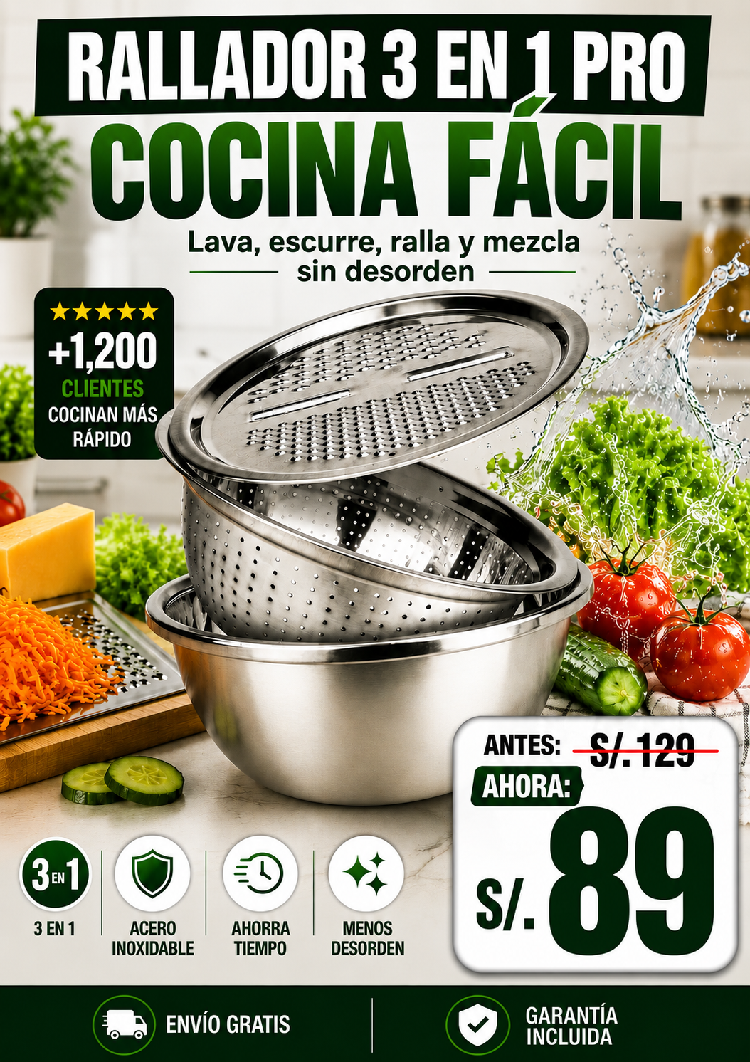 RALLADOR 3 EN 1 PRO DE ACERO INOXIDABLE