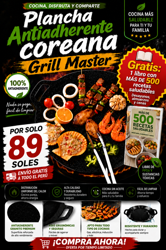 Plancha Antiadherente Coreana GrillMaster 36 cm + 🎁 GRATIS: Recetario con 500 RECETAS SALUDABLES 🎁