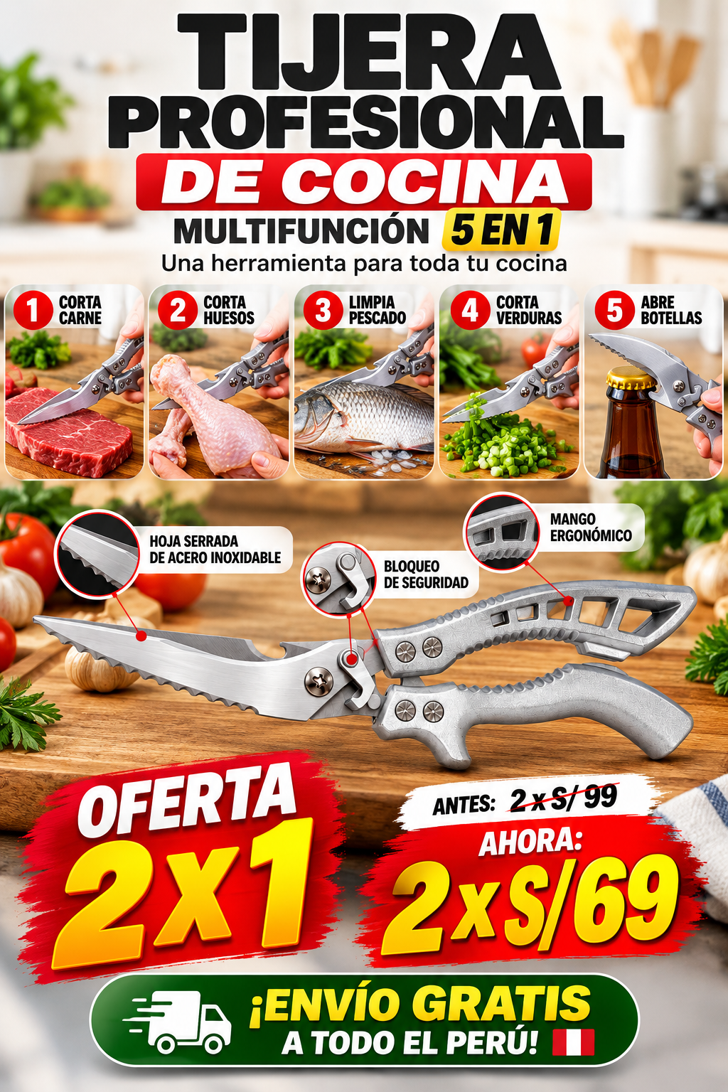 Pack x2 Tijeras Profesionales de Cocina 5 en 1 | Multifunción de Acero Inoxidable